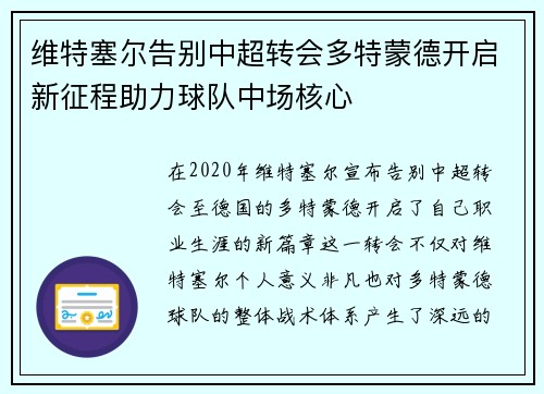 维特塞尔告别中超转会多特蒙德开启新征程助力球队中场核心