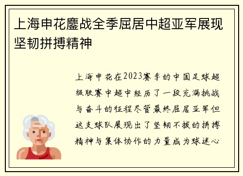 上海申花鏖战全季屈居中超亚军展现坚韧拼搏精神 上海申花鏖战全季屈居中超亚军展现坚韧拼搏精神